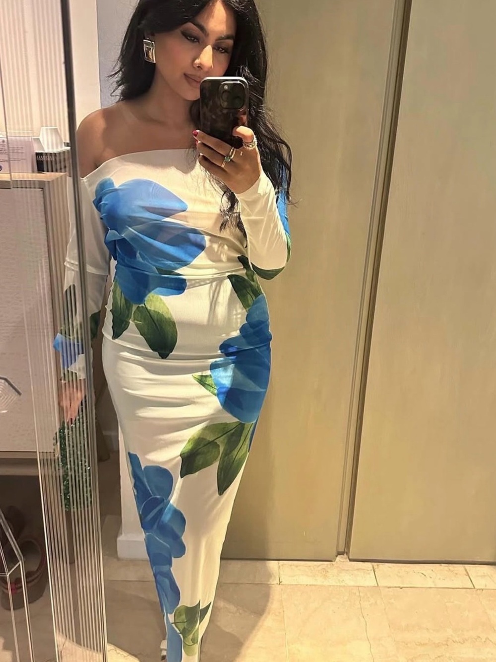 One-Shoulder White Maxi Dress with Blue Floral Print